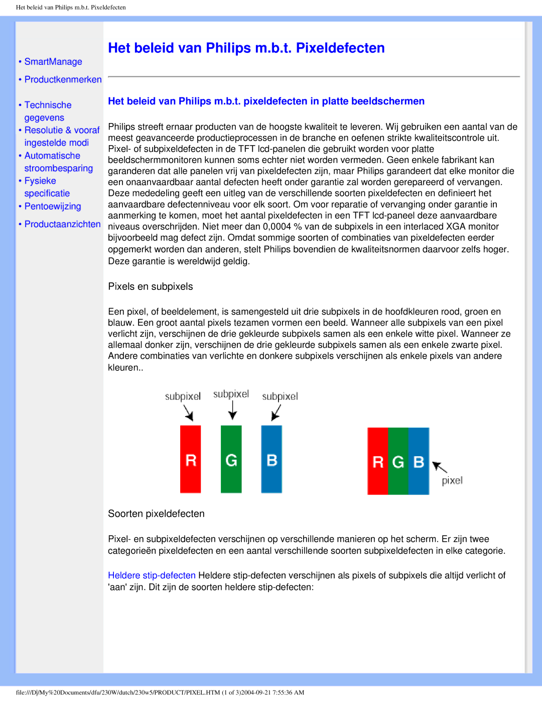 Philips 230W user manual Het beleid van Philips m.b.t. Pixeldefecten, Pixels en subpixels 