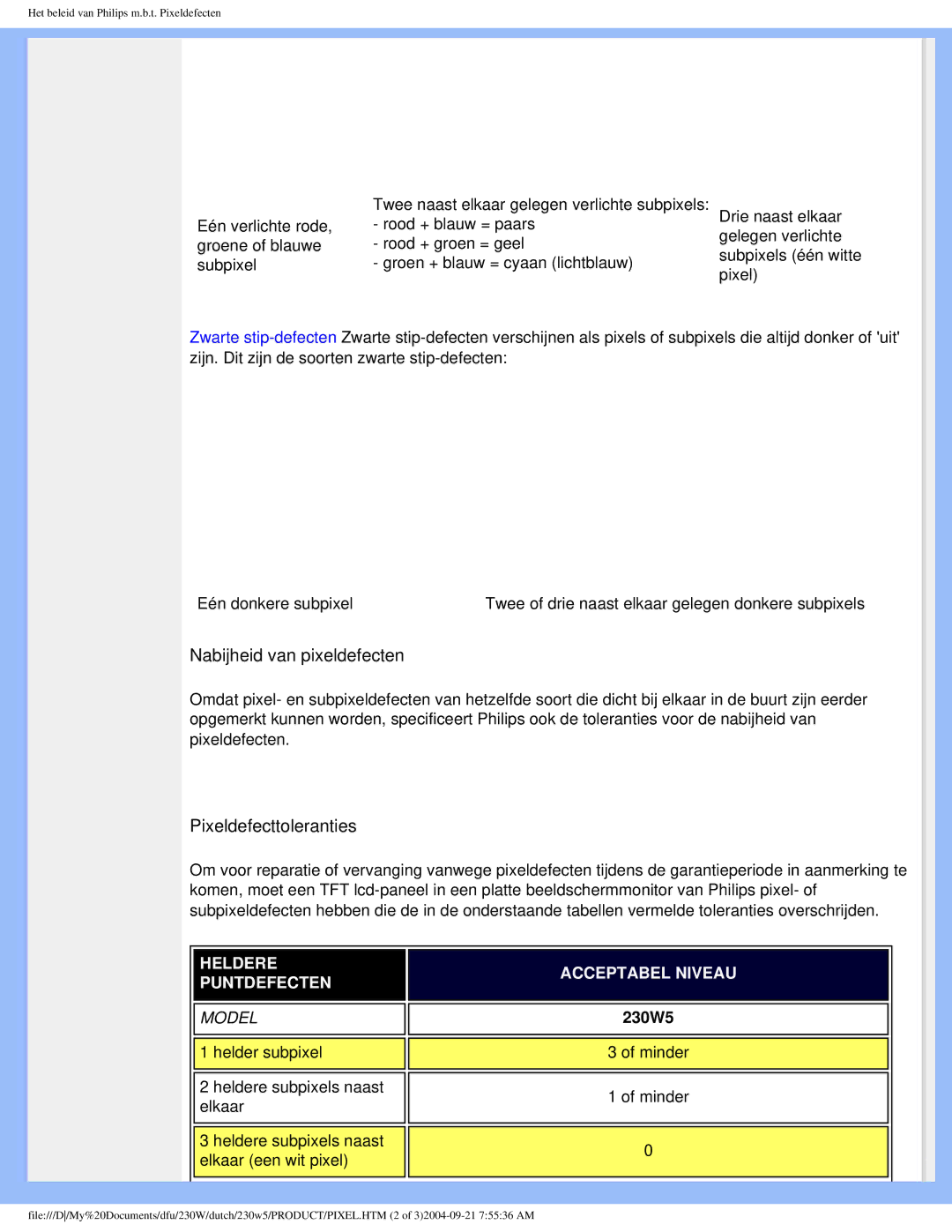 Philips 230W user manual Nabijheid van pixeldefecten 