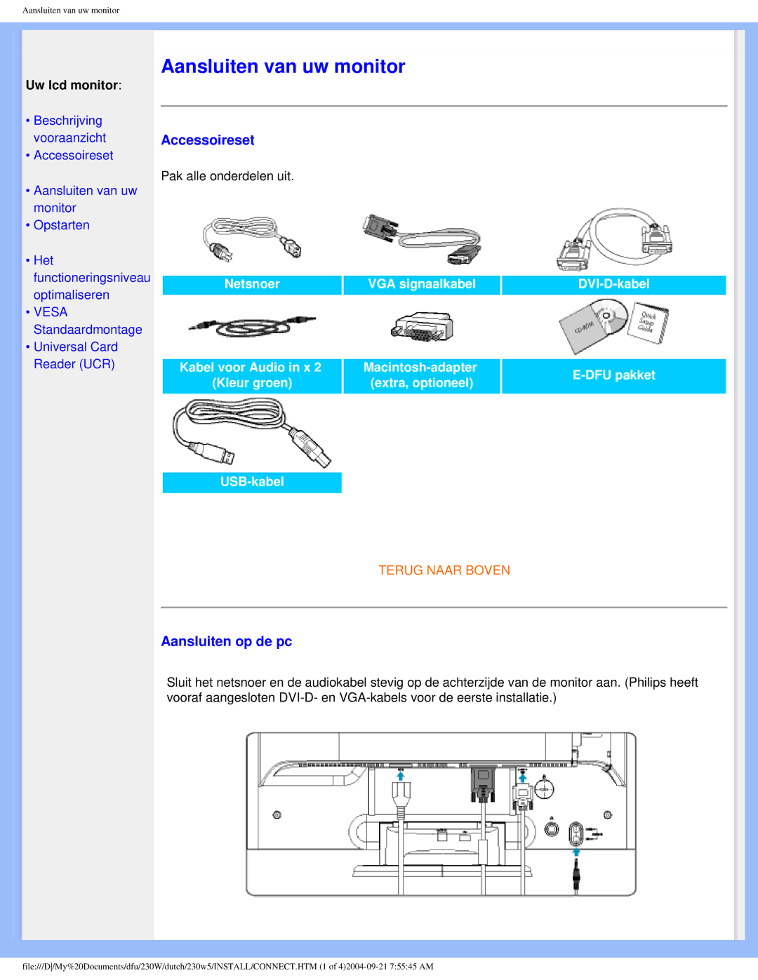 Philips 230W user manual Aansluiten van uw monitor, Accessoireset, Aansluiten op de pc, Uw lcd monitor 