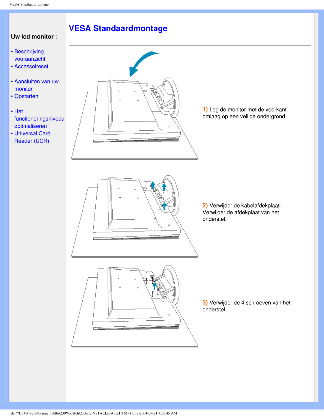 Philips 230W user manual Vesa Standaardmontage, Uw lcd monitor 