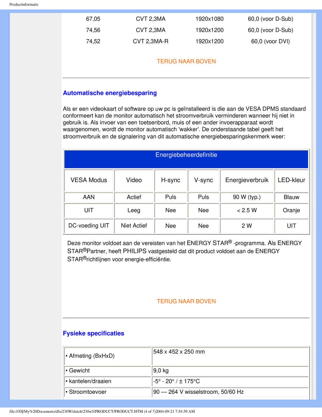 Philips 230W user manual Automatische energiebesparing, Fysieke specificaties 