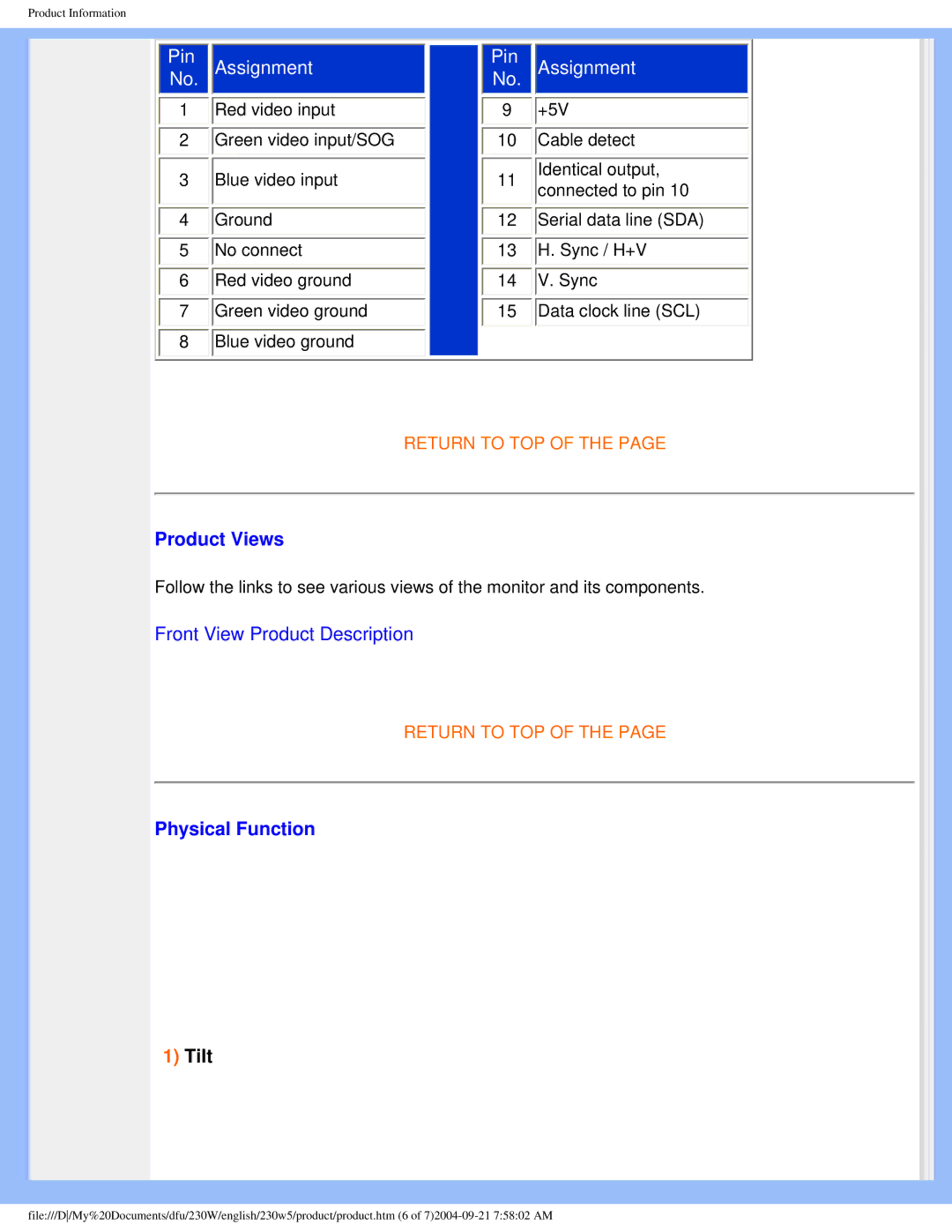 Philips 230w5 user manual Product Views, Physical Function 