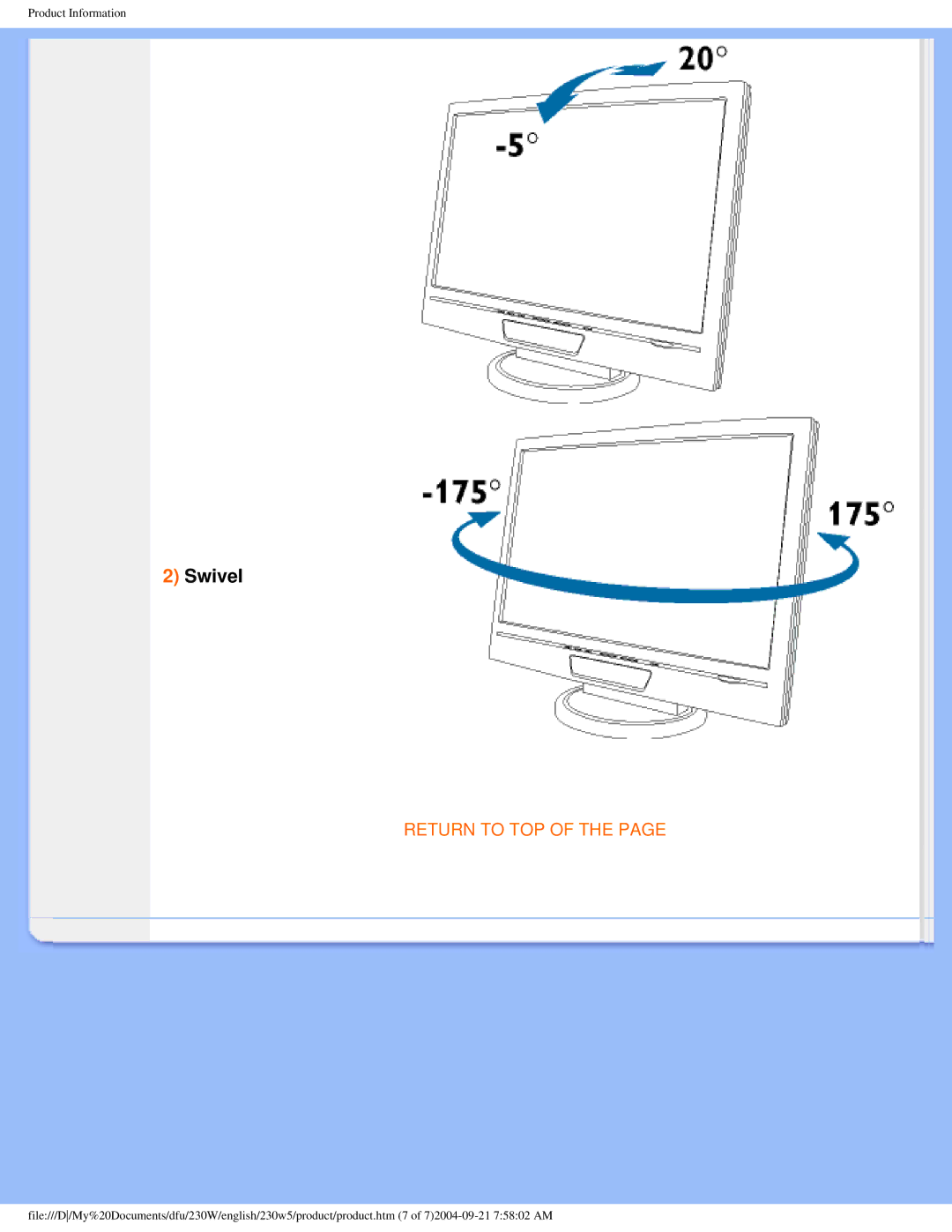 Philips 230w5 user manual Swivel 