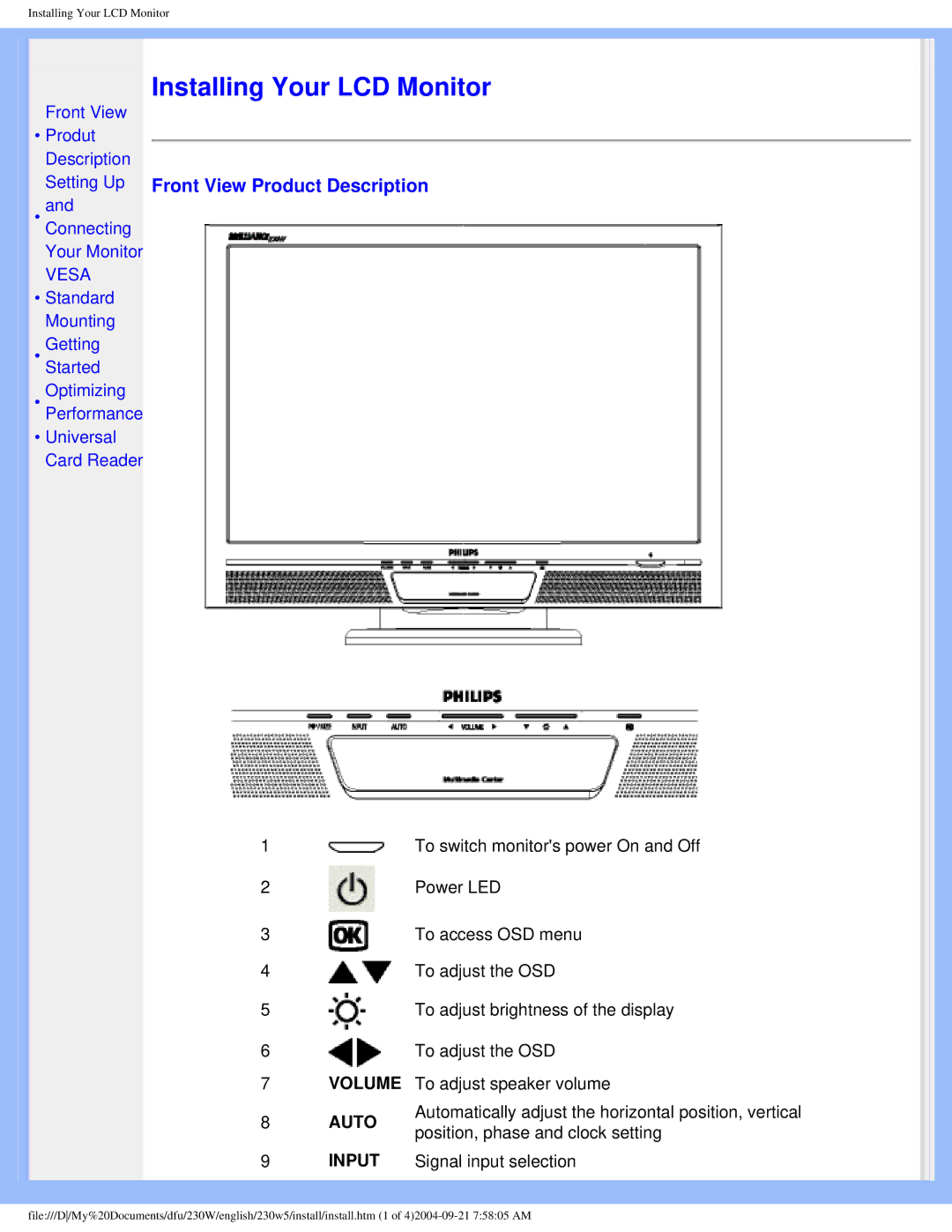 Philips 230w5 user manual Installing Your LCD Monitor, Front View Product Description 