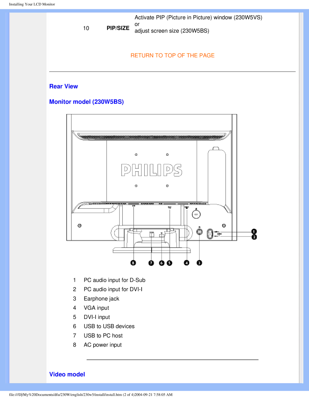 Philips 230w5 user manual Rear View Monitor model 230W5BS, Video model 