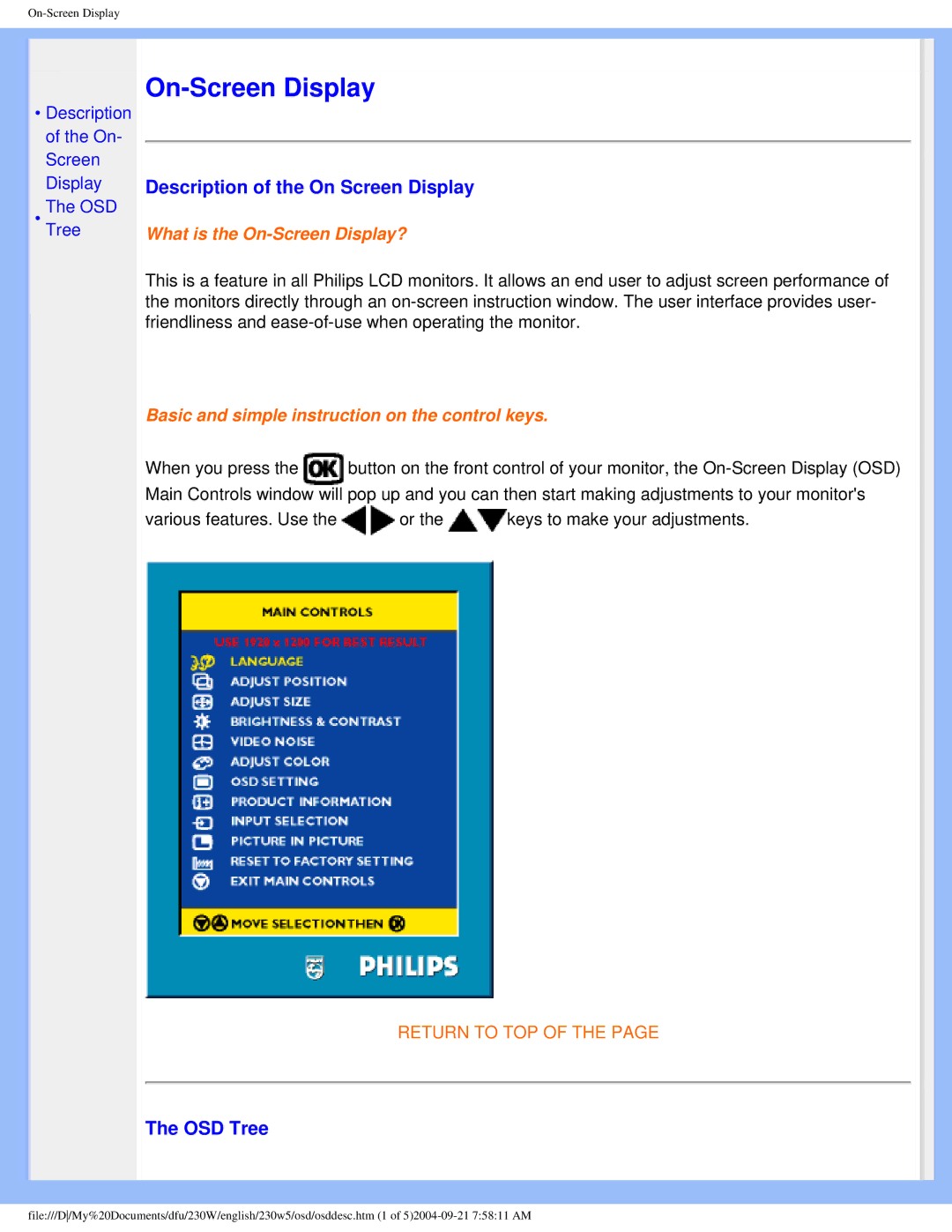 Philips 230w5 user manual Description of the On Screen Display, OSD Tree 