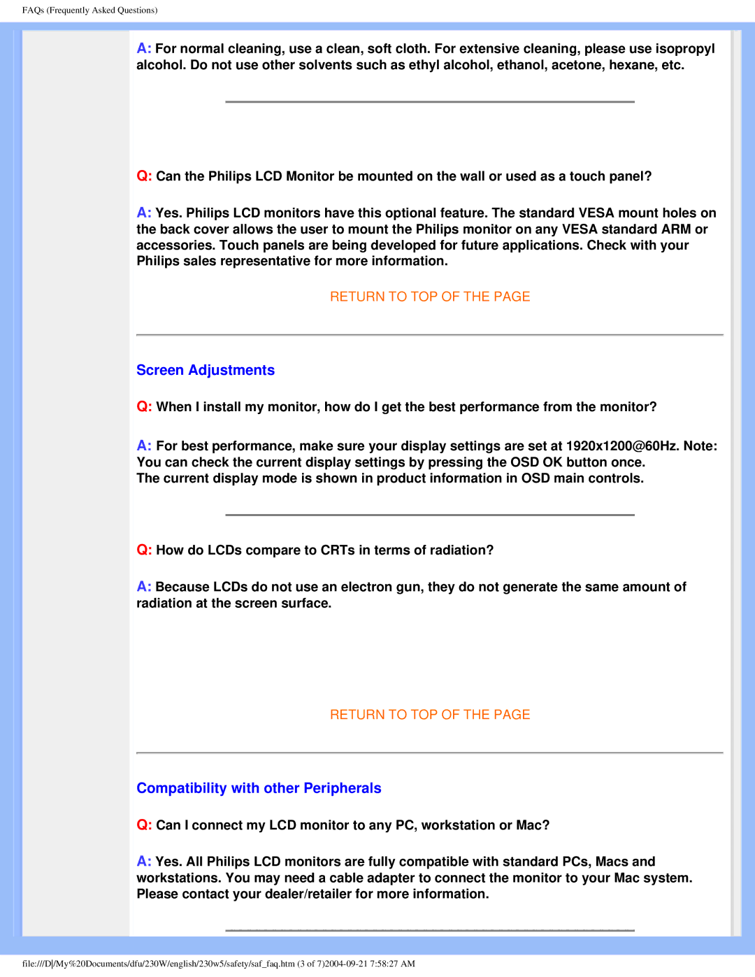 Philips 230w5 user manual Screen Adjustments, Compatibility with other Peripherals 