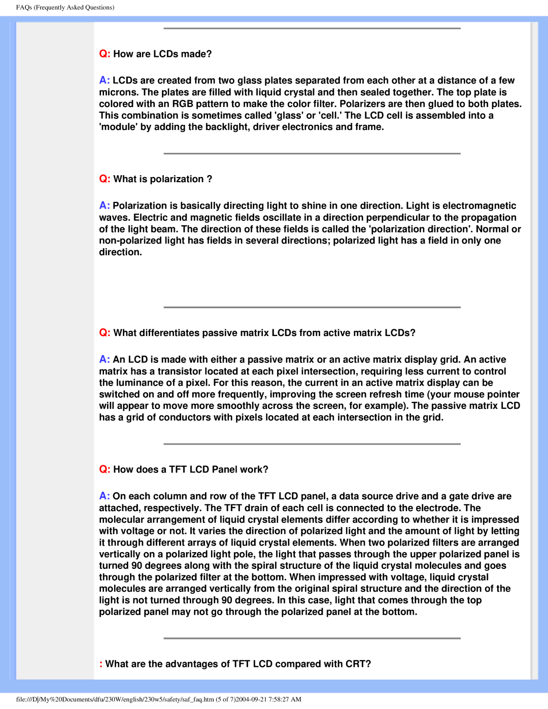 Philips 230w5 user manual What are the advantages of TFT LCD compared with CRT? 