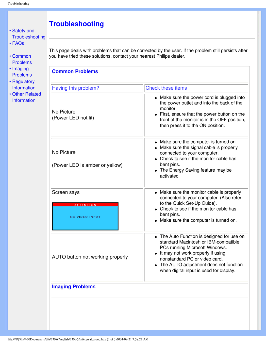 Philips 230w5 user manual Common Problems, Imaging Problems 