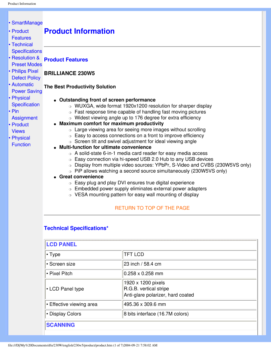 Philips 230w5 user manual Product Features, Technical Specifications 