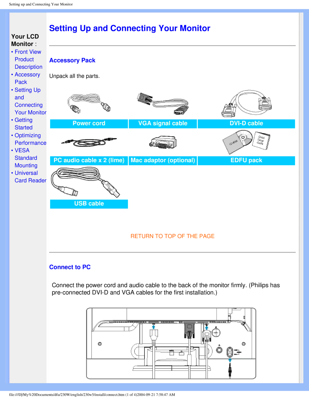 Philips 230w5 user manual Accessory Pack, Connect to PC 