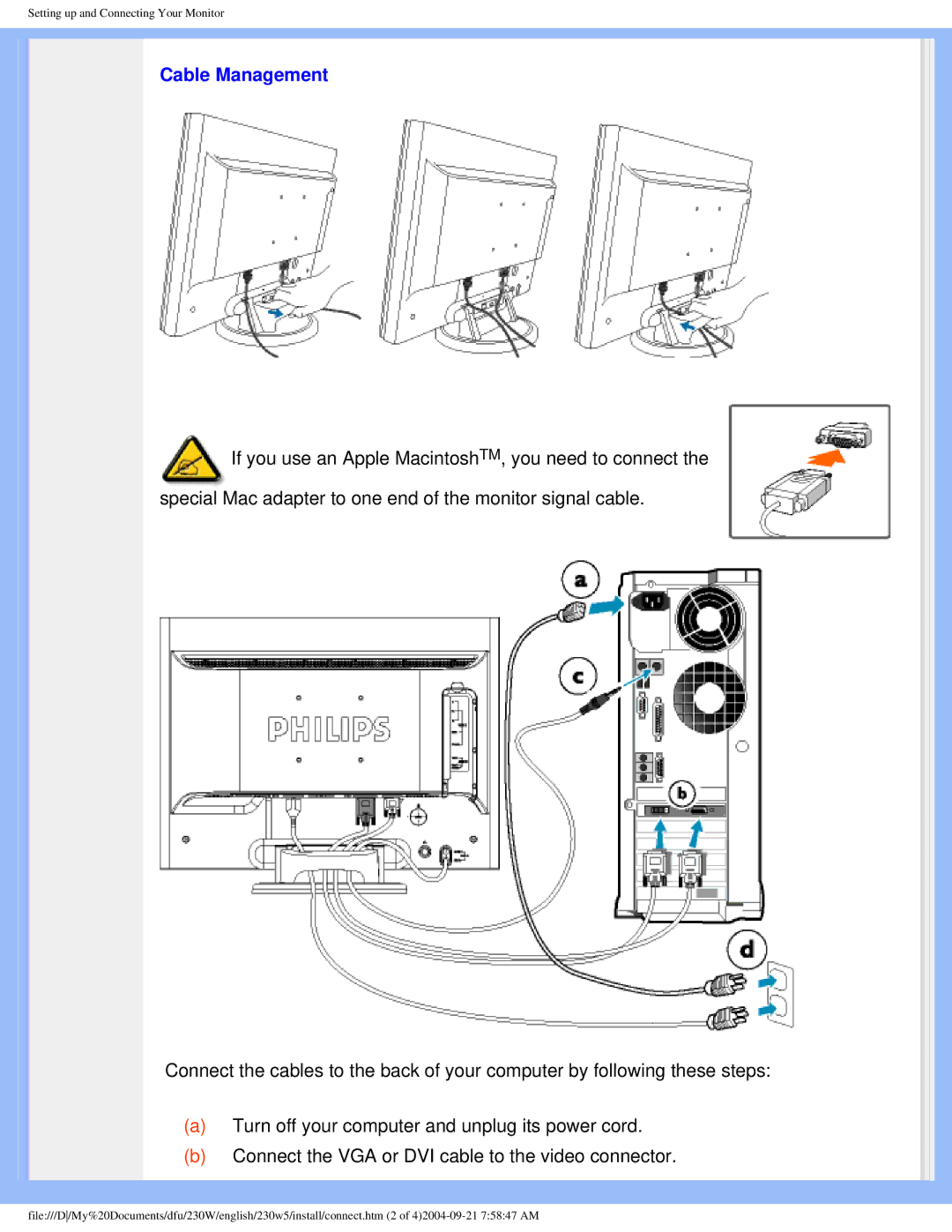 Philips 230w5 user manual Cable Management 