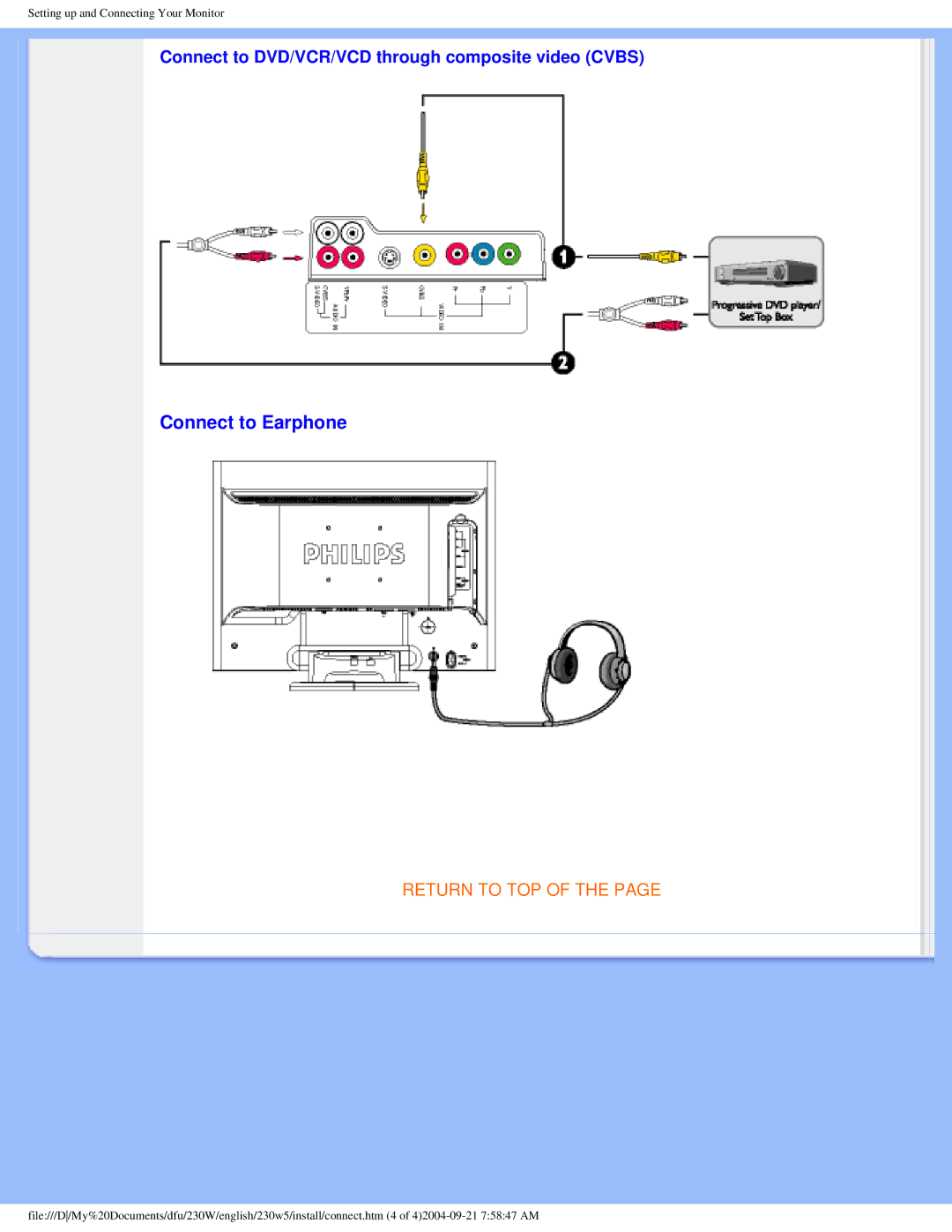 Philips 230w5 user manual Connect to Earphone, Connect to DVD/VCR/VCD through composite video Cvbs 