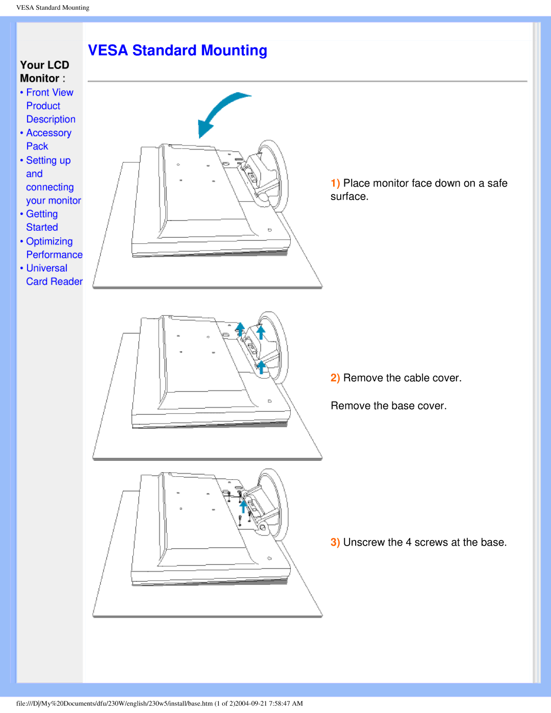 Philips 230w5 user manual Vesa Standard Mounting 