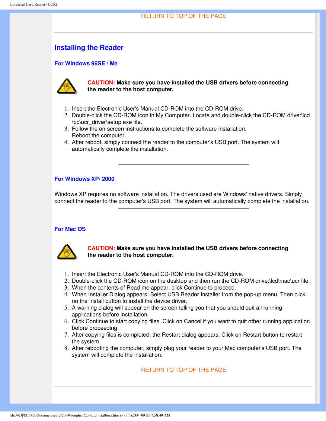 Philips 230w5 user manual Installing the Reader 