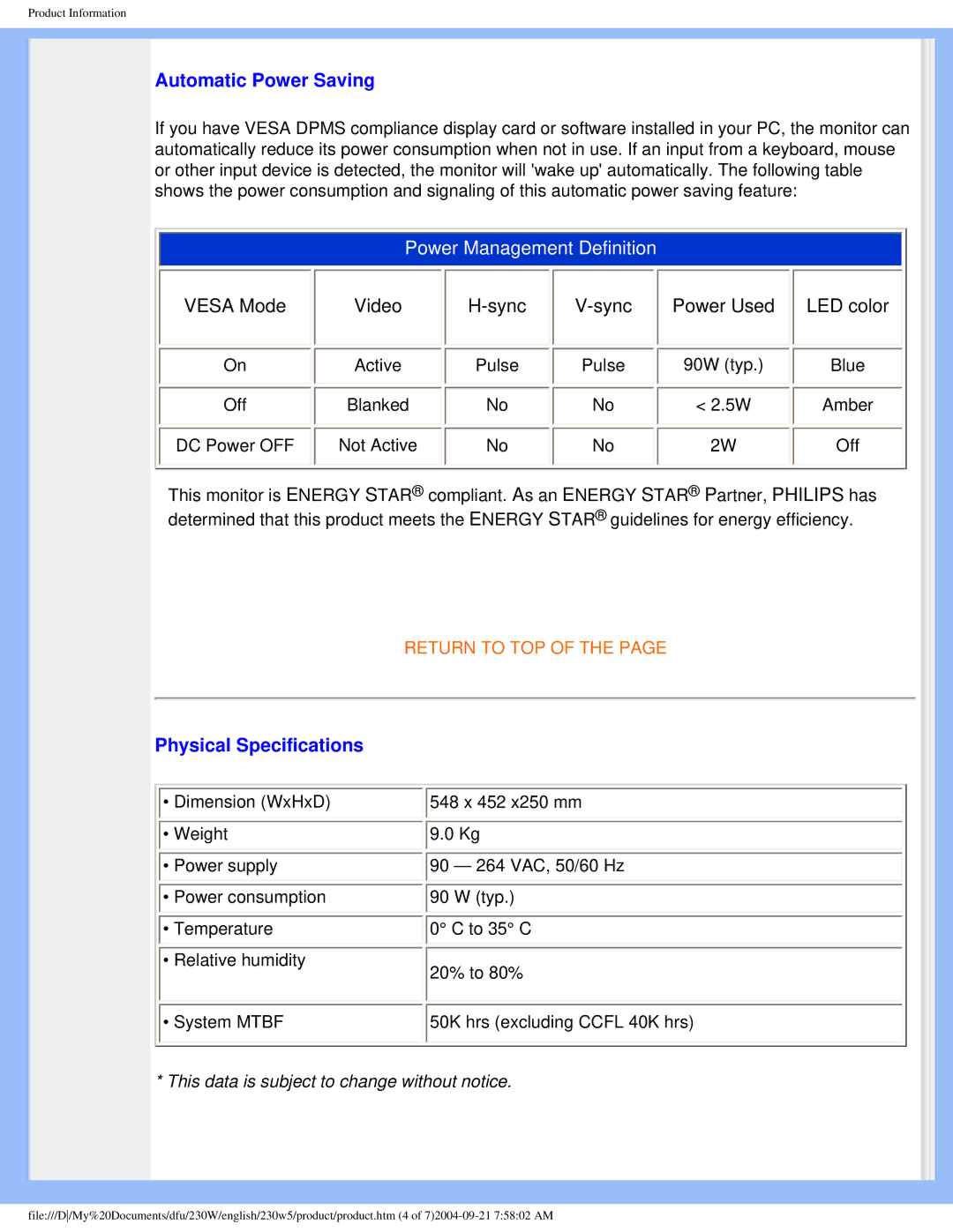 Philips 230w5 user manual Automatic Power Saving, Physical Specifications 