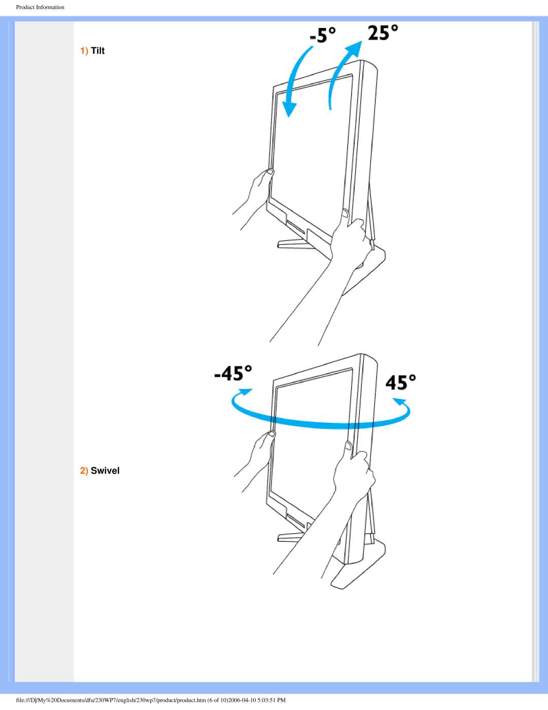 Philips 230WP7 user manual Tilt Swivel 