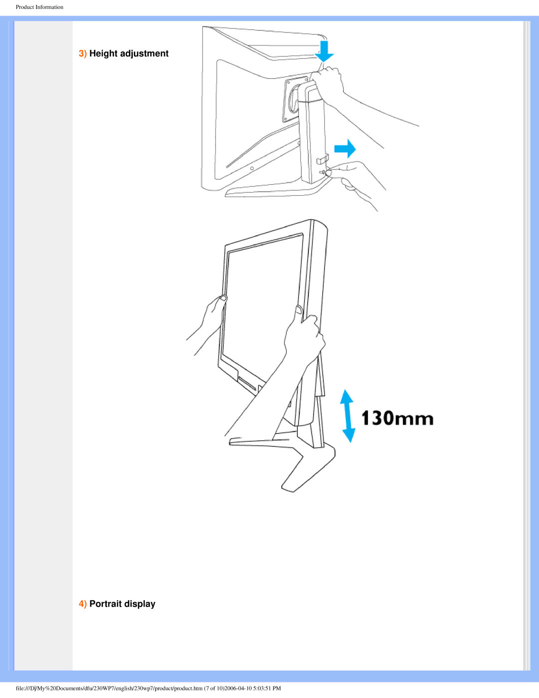 Philips 230WP7 user manual Height adjustment Portrait display 