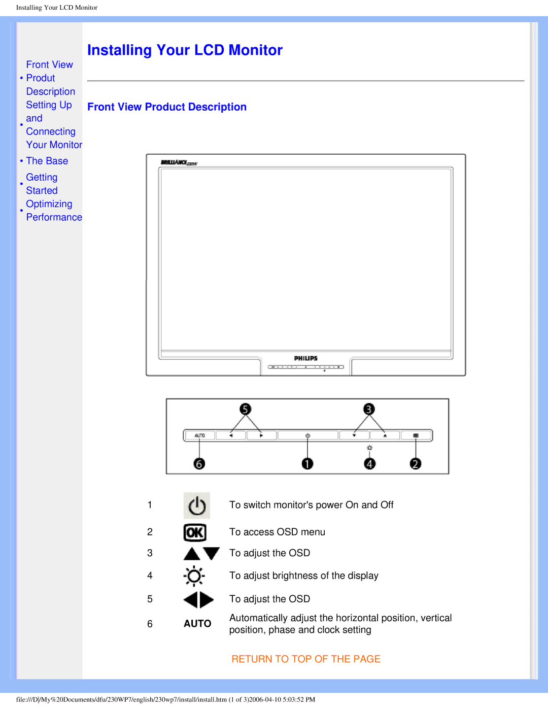 Philips 230WP7 user manual Installing Your LCD Monitor, Front View Product Description 