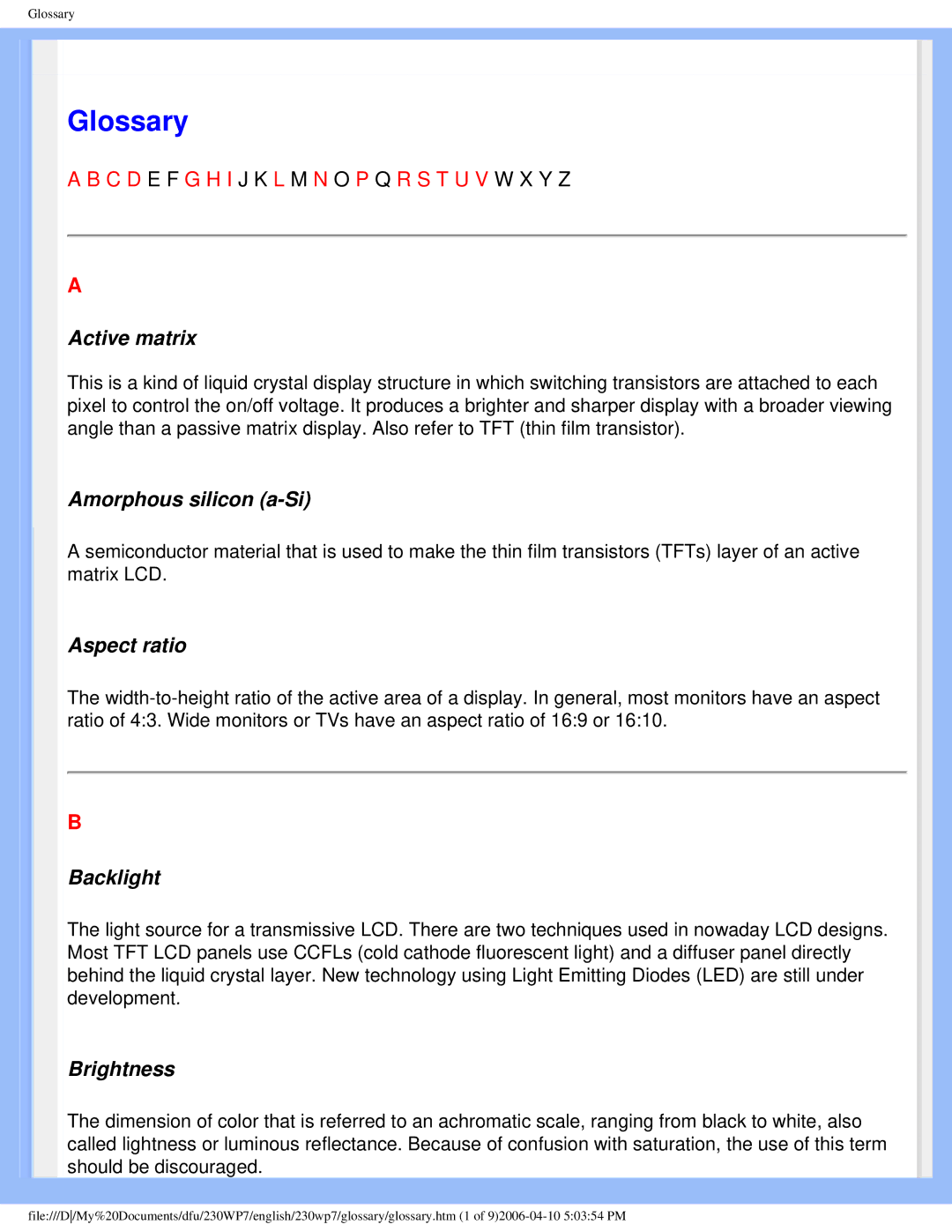 Philips 230WP7 user manual Glossary 