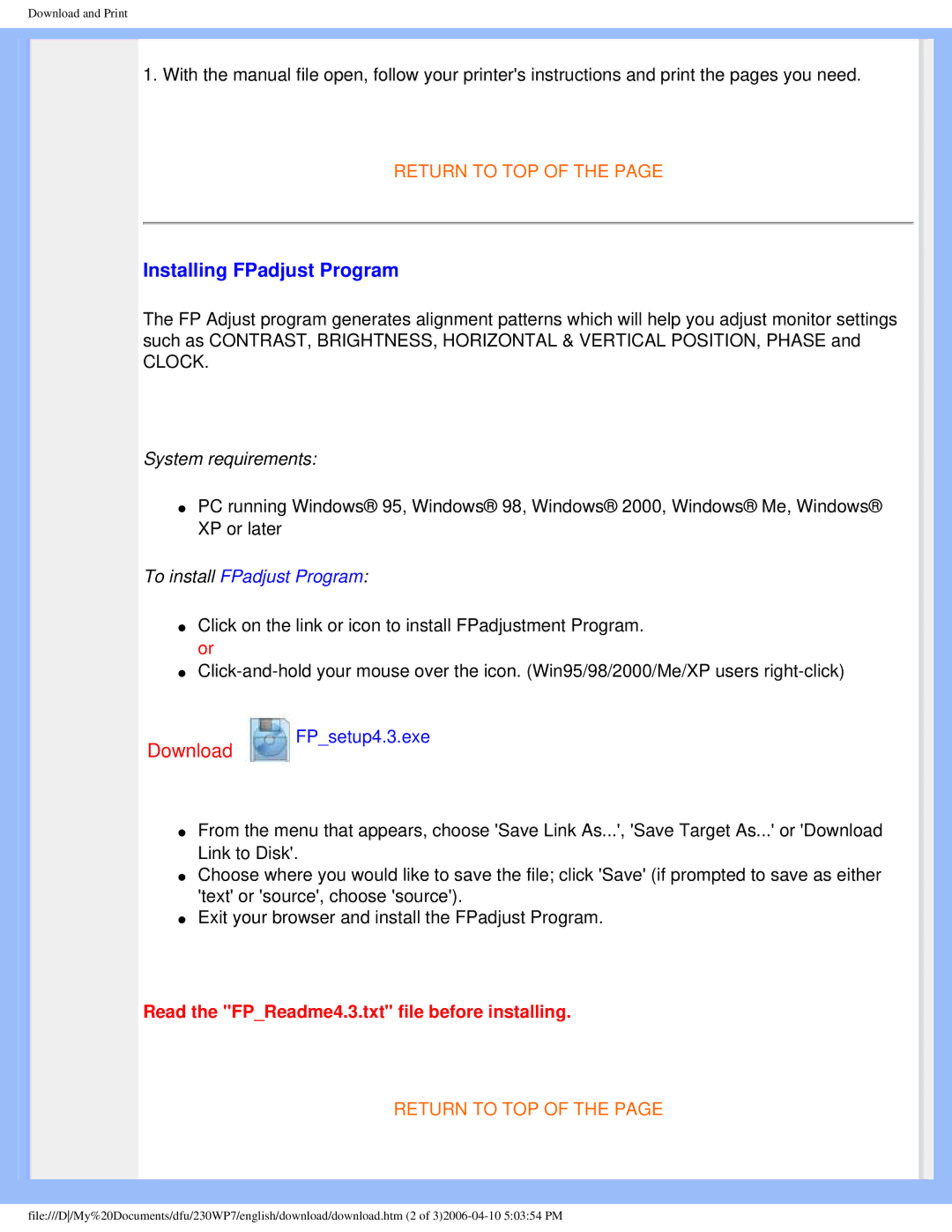 Philips 230WP7 user manual Installing FPadjust Program 