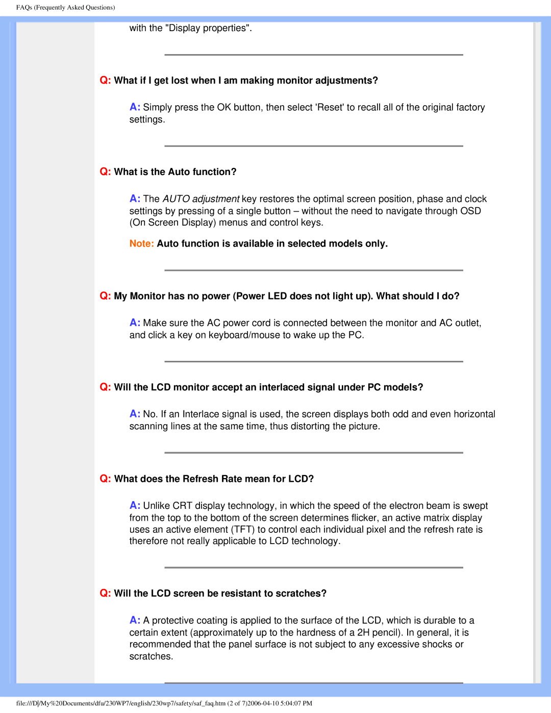 Philips 230WP7 user manual What if I get lost when I am making monitor adjustments?, What is the Auto function? 