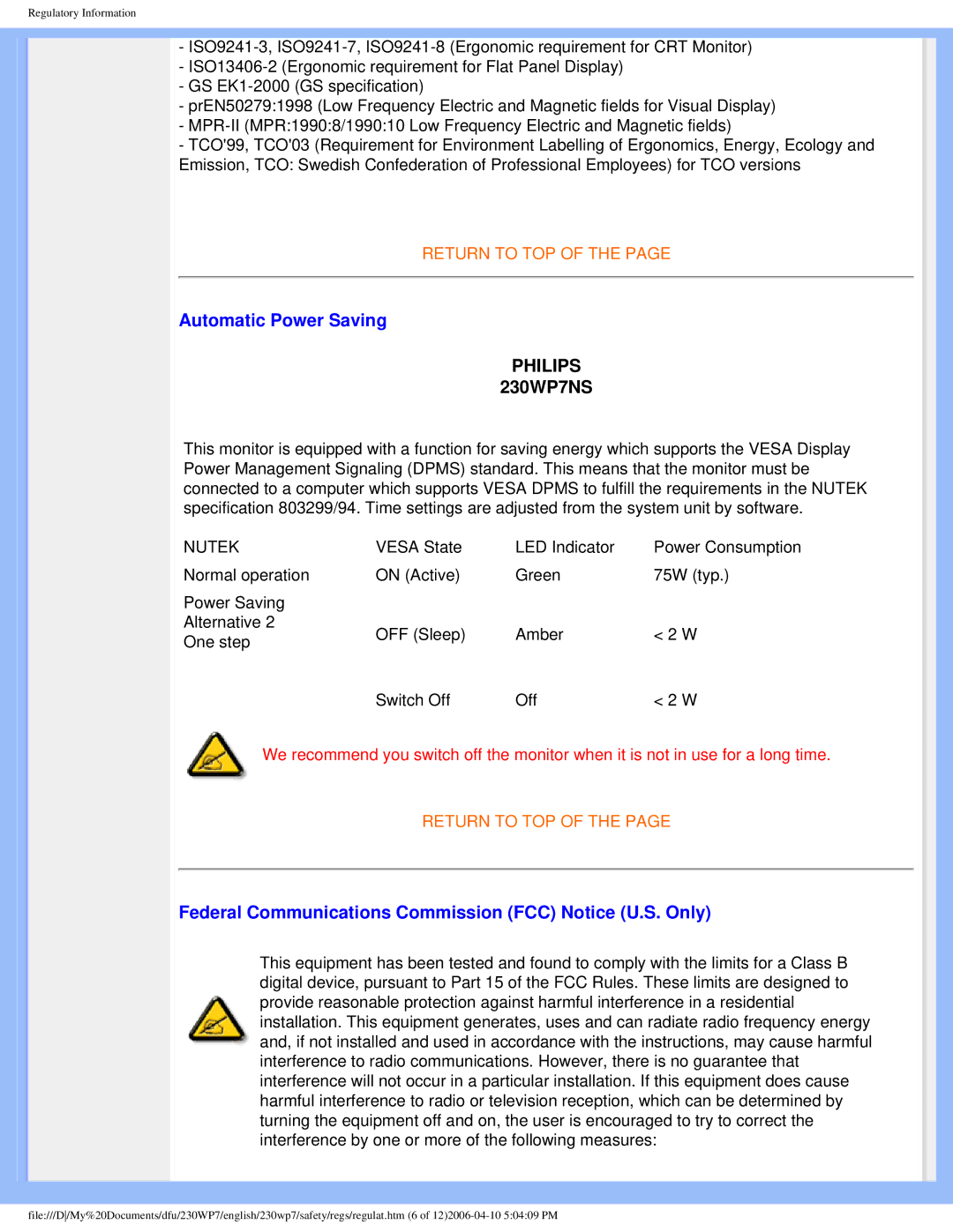 Philips 230WP7 user manual Automatic Power Saving, Federal Communications Commission FCC Notice U.S. Only 