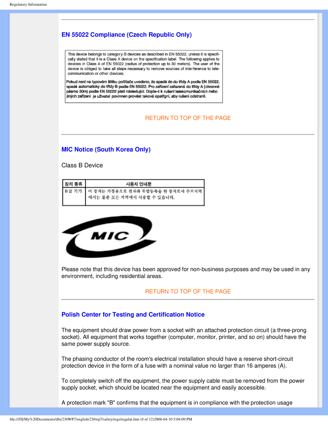 Philips 230WP7 user manual EN 55022 Compliance Czech Republic Only, MIC Notice South Korea Only 