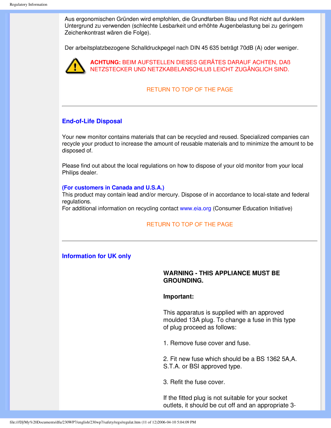 Philips 230WP7 user manual End-of-Life Disposal, Information for UK only 