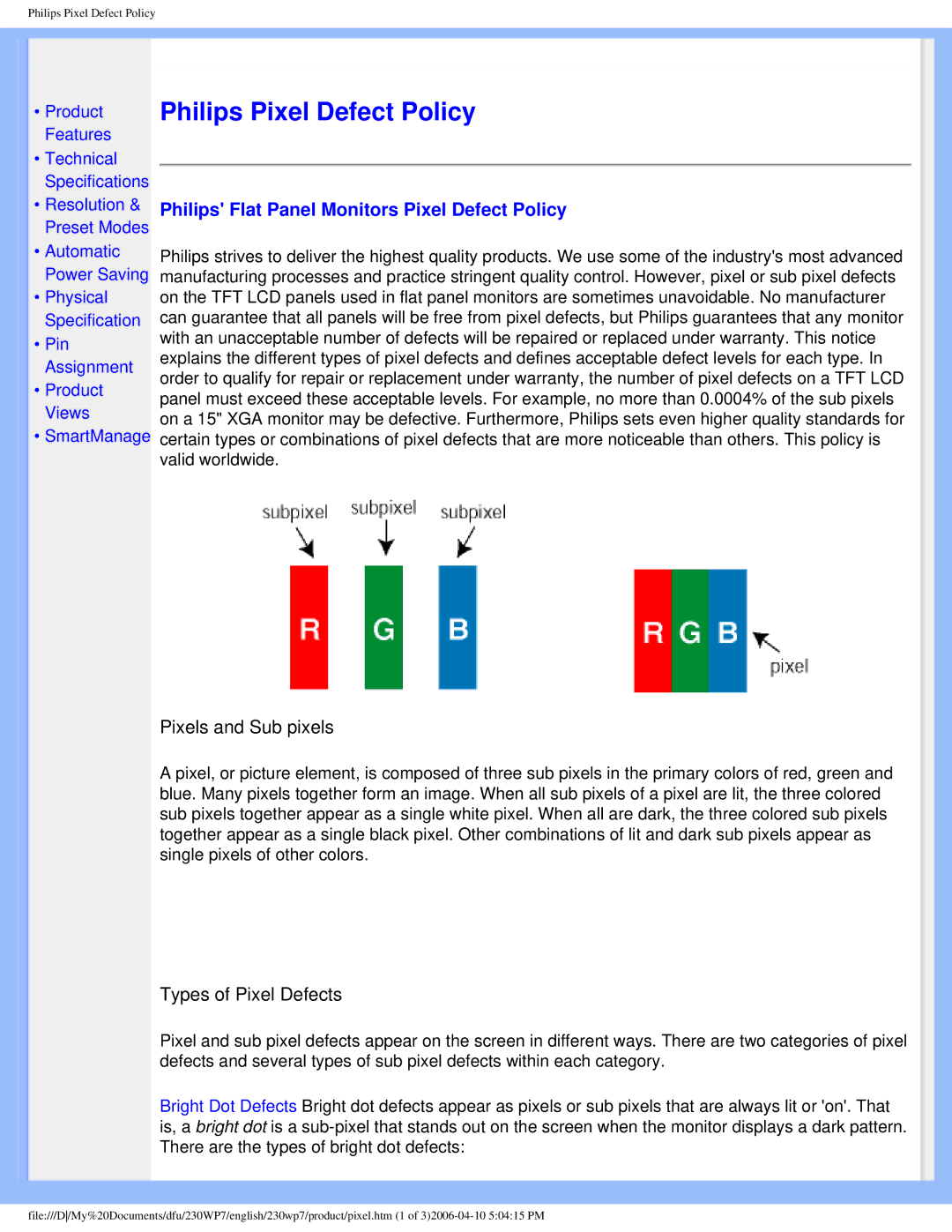 Philips 230WP7 user manual Philips Pixel Defect Policy, Philips Flat Panel Monitors Pixel Defect Policy 