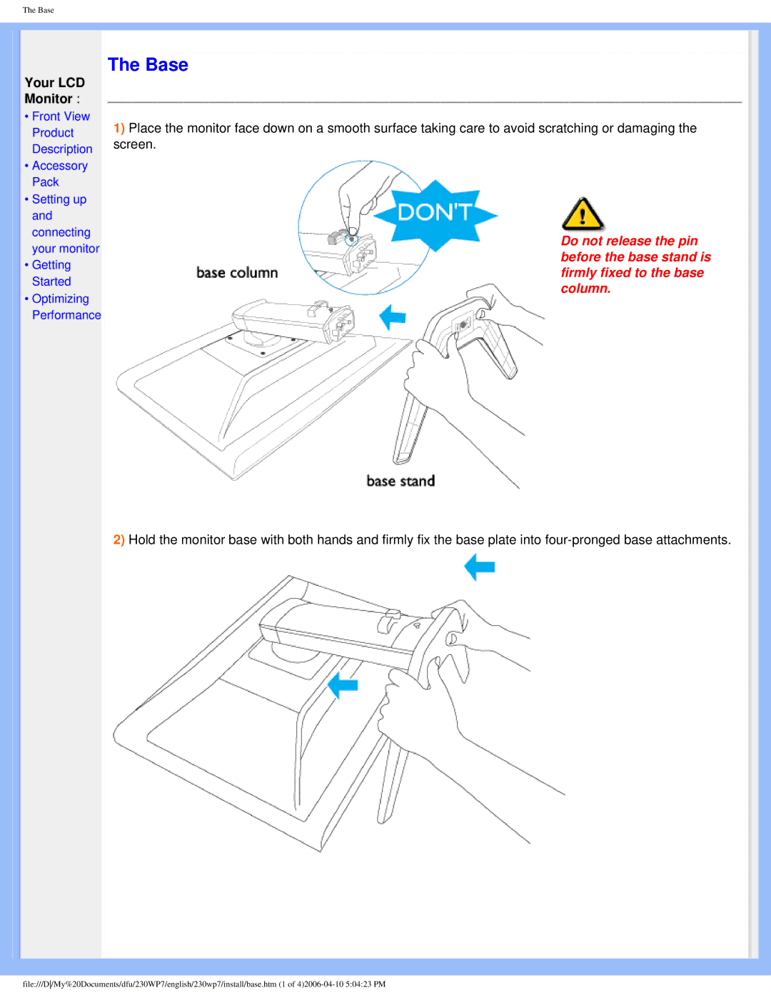 Philips 230WP7 user manual Base, Your LCD Monitor 