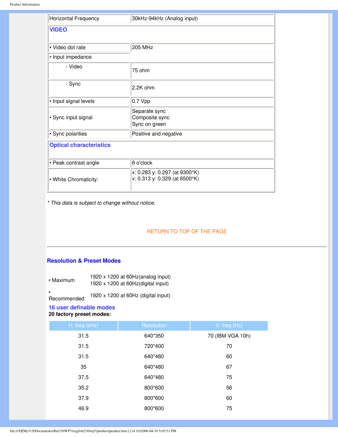 Philips 230WP7 user manual Video 