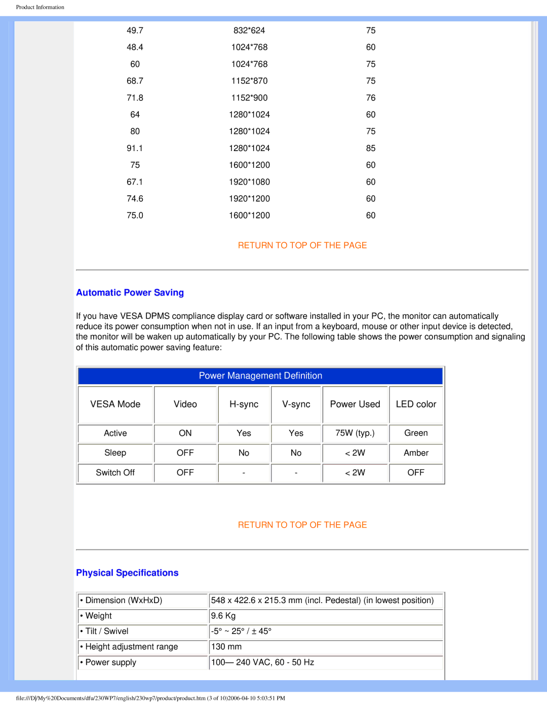 Philips 230WP7 user manual Automatic Power Saving 