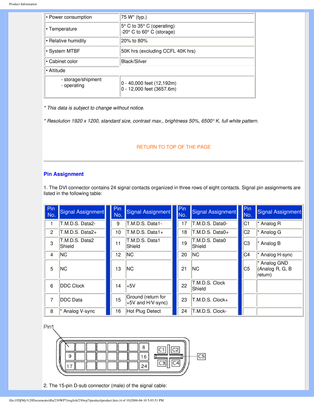 Philips 230WP7 user manual Pin Assignment 