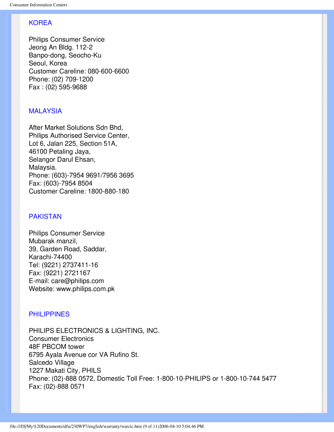 Philips 230WP7 user manual Korea, Malaysia, Pakistan, Philippines 