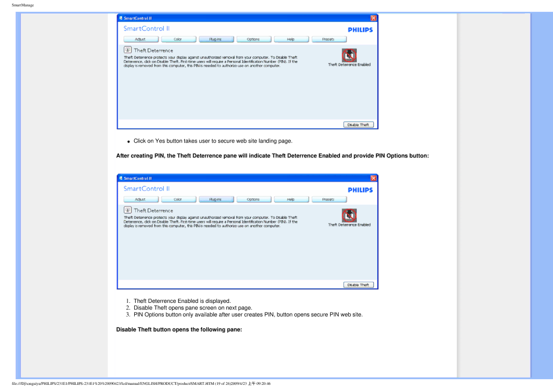 Philips 2.31E+03 user manual Disable Theft button opens the following pane 