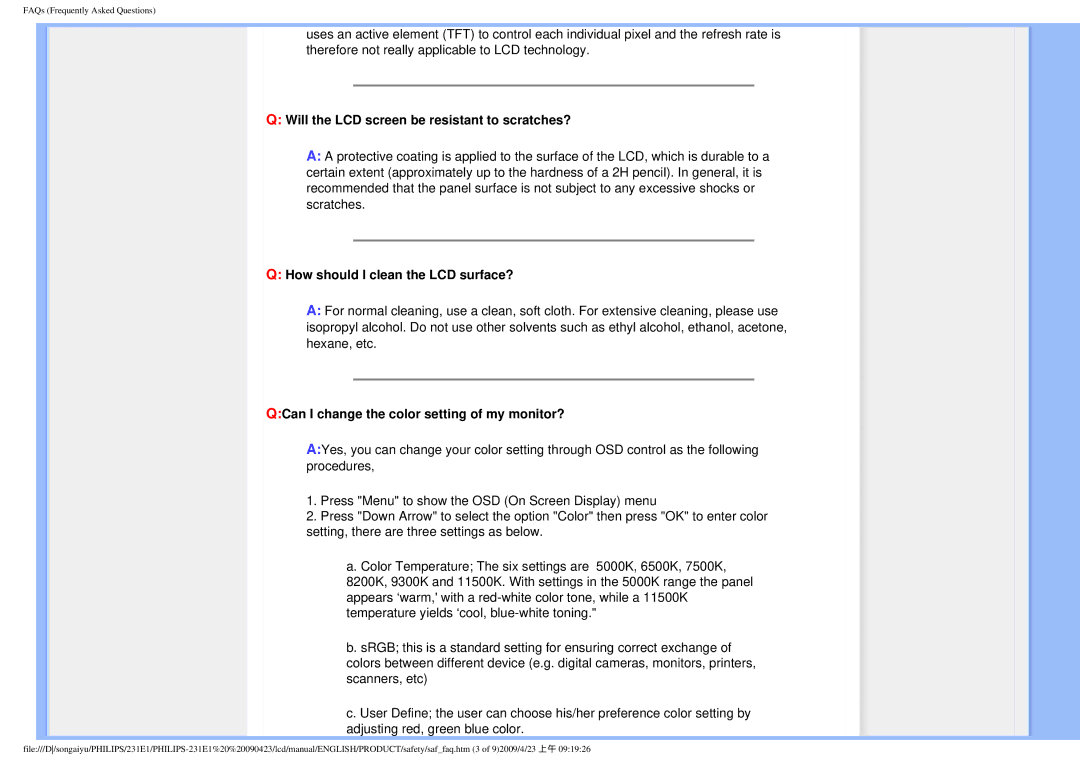 Philips 2.31E+03 user manual Will the LCD screen be resistant to scratches?, How should I clean the LCD surface? 