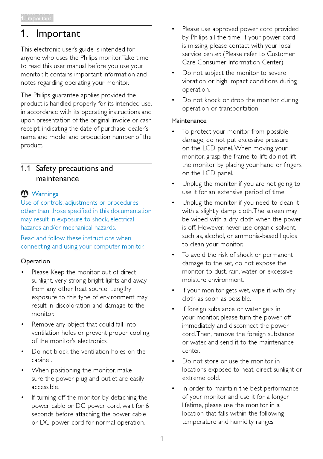 Philips 231P4QPYK, 231P4QRY user manual Safety precautions and maintenance, Operation 