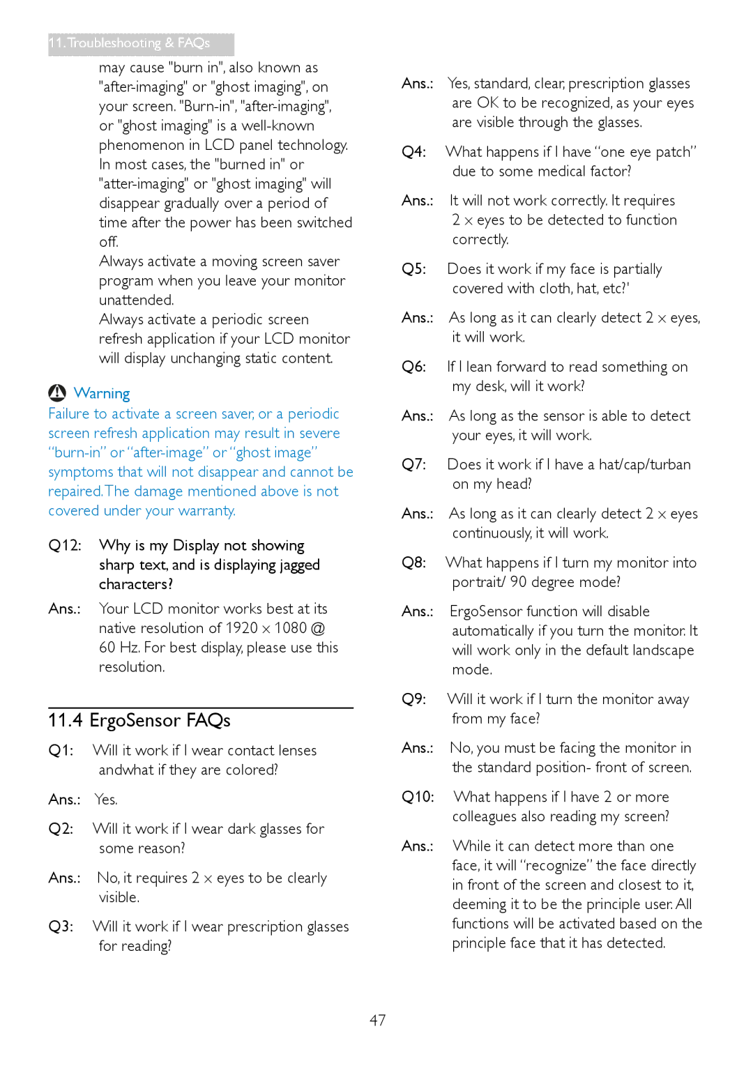 Philips 231P4QPYK, 231P4QRY user manual ErgoSensor FAQs 