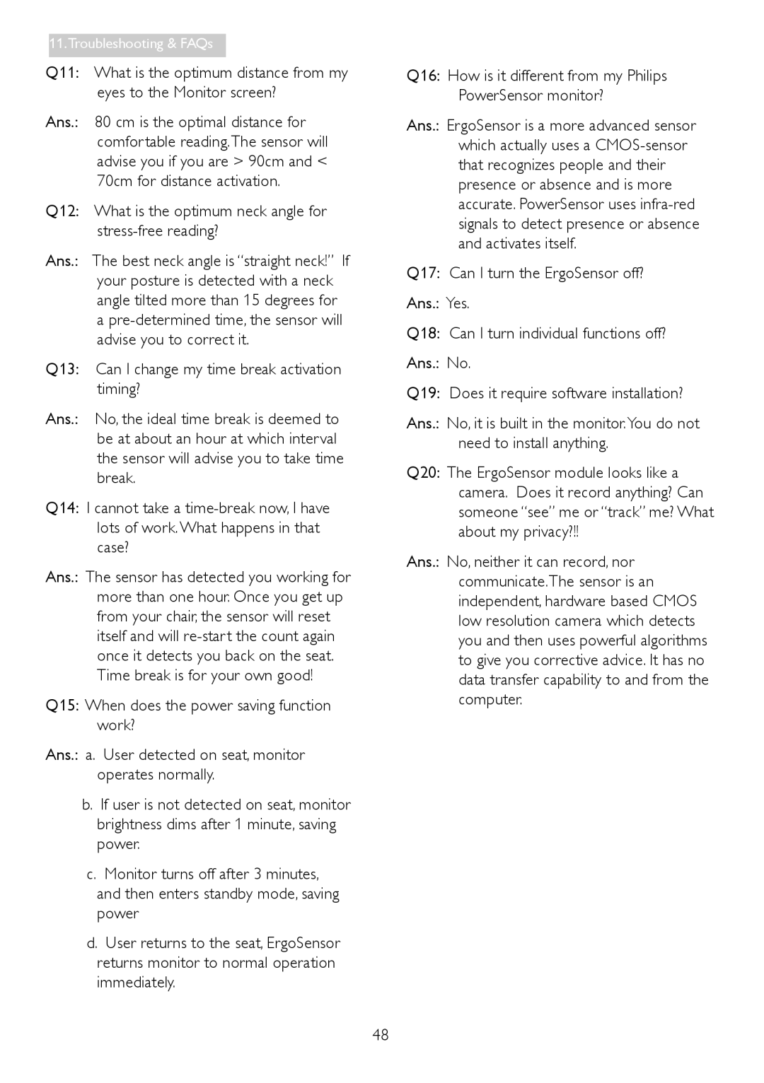 Philips 231P4QRY, 231P4QPYK user manual Q12 What is the optimum neck angle for stress-free reading? 