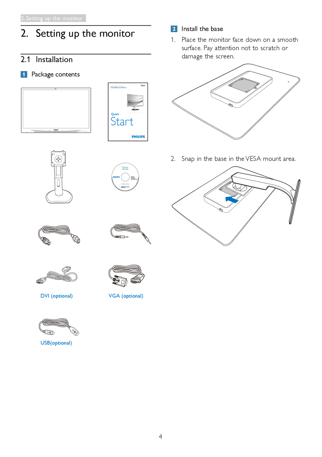 Philips 231P4QPYK, 231P4QRY user manual Setting up the monitor, Installation, Package contents 