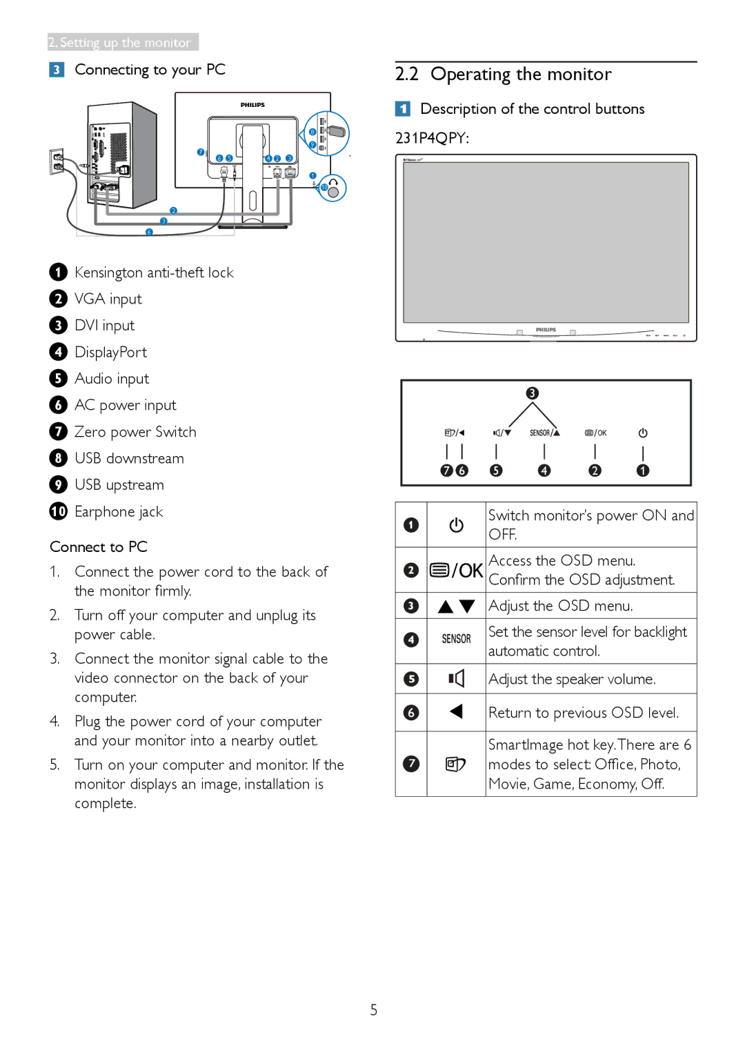 Philips 231P4QPYK, 231P4QRY user manual Operating the monitor, Off 