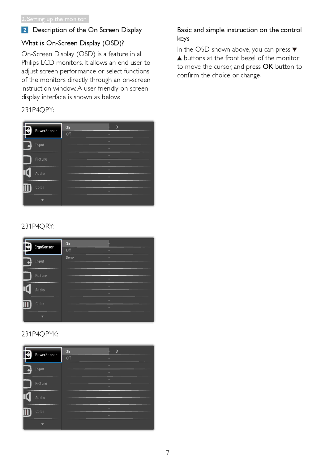 Philips 231P4QPYK user manual 231P4QRY, Basic and simple instruction on the control keys 