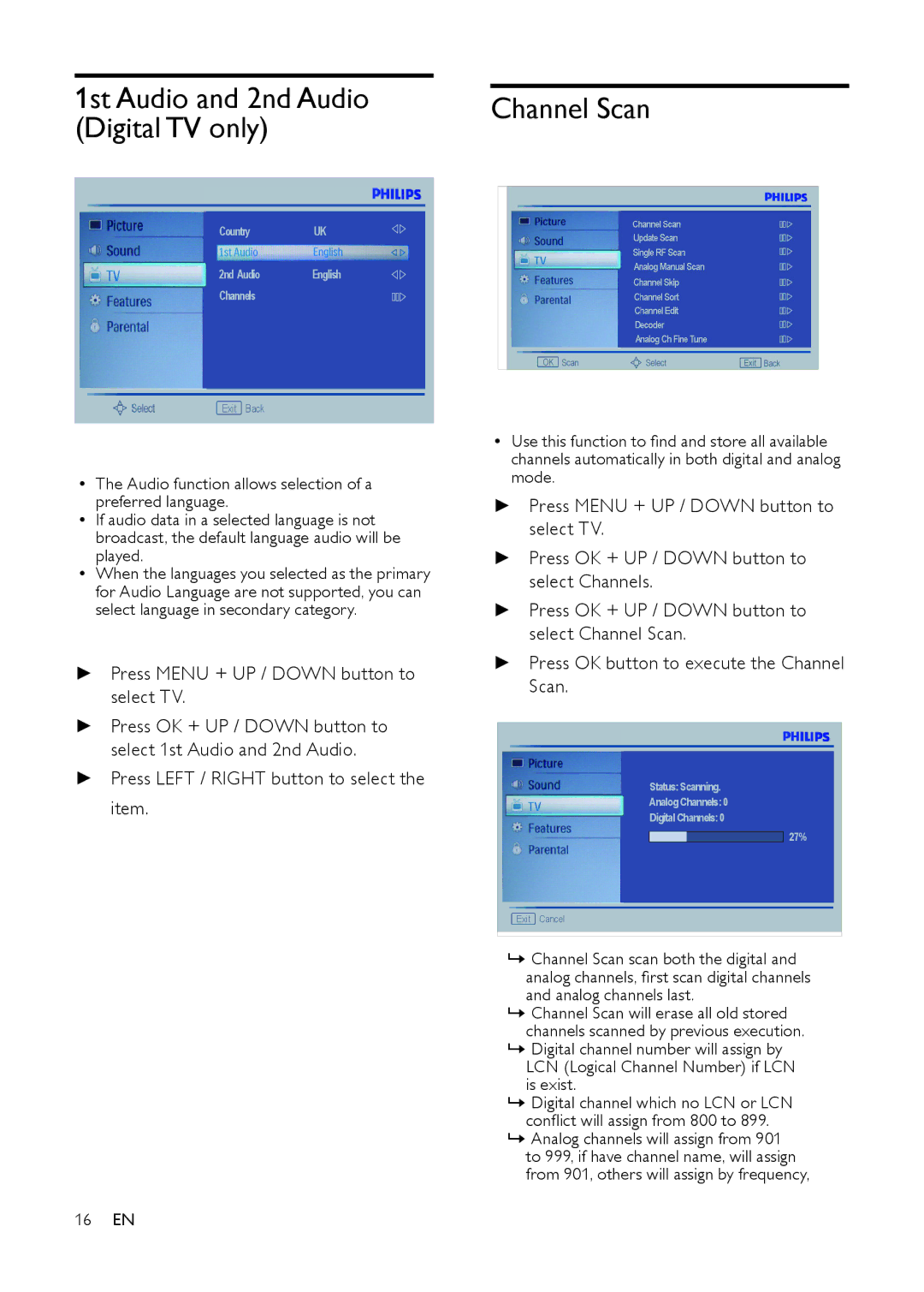 Philips 201T1SB/00, 231T1, 221T1 user manual 1st Audio and 2nd Audio Digital TV only, Channel Scan 