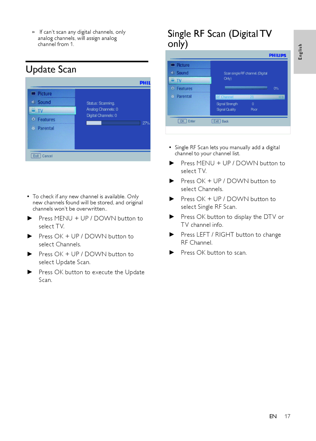 Philips 221T1, 231T1, 201T1SB/00 user manual Update Scan, Single RF Scan Digital TV only 