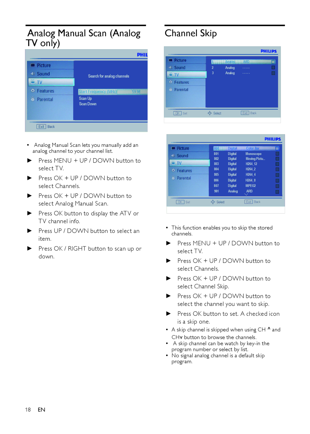 Philips 231T1, 201T1 Analog Manual Scan Analog TV only, Channel Skip, Press OK button to set. a checked icon is a skip one 