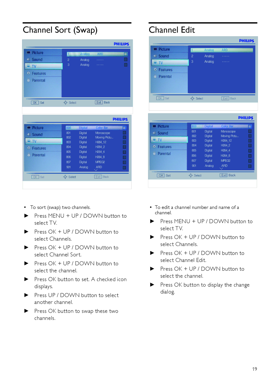 Philips 231T1, 201T1SB/00, 221T1 user manual Channel Sort Swap, Channel Edit 