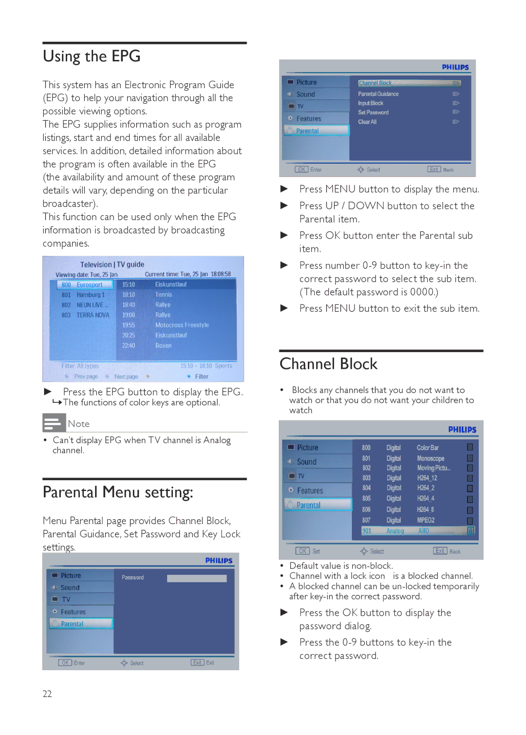 Philips 231T1, 201T1SB/00, 221T1 user manual Using the EPG, Parental Menu setting, Channel Block 