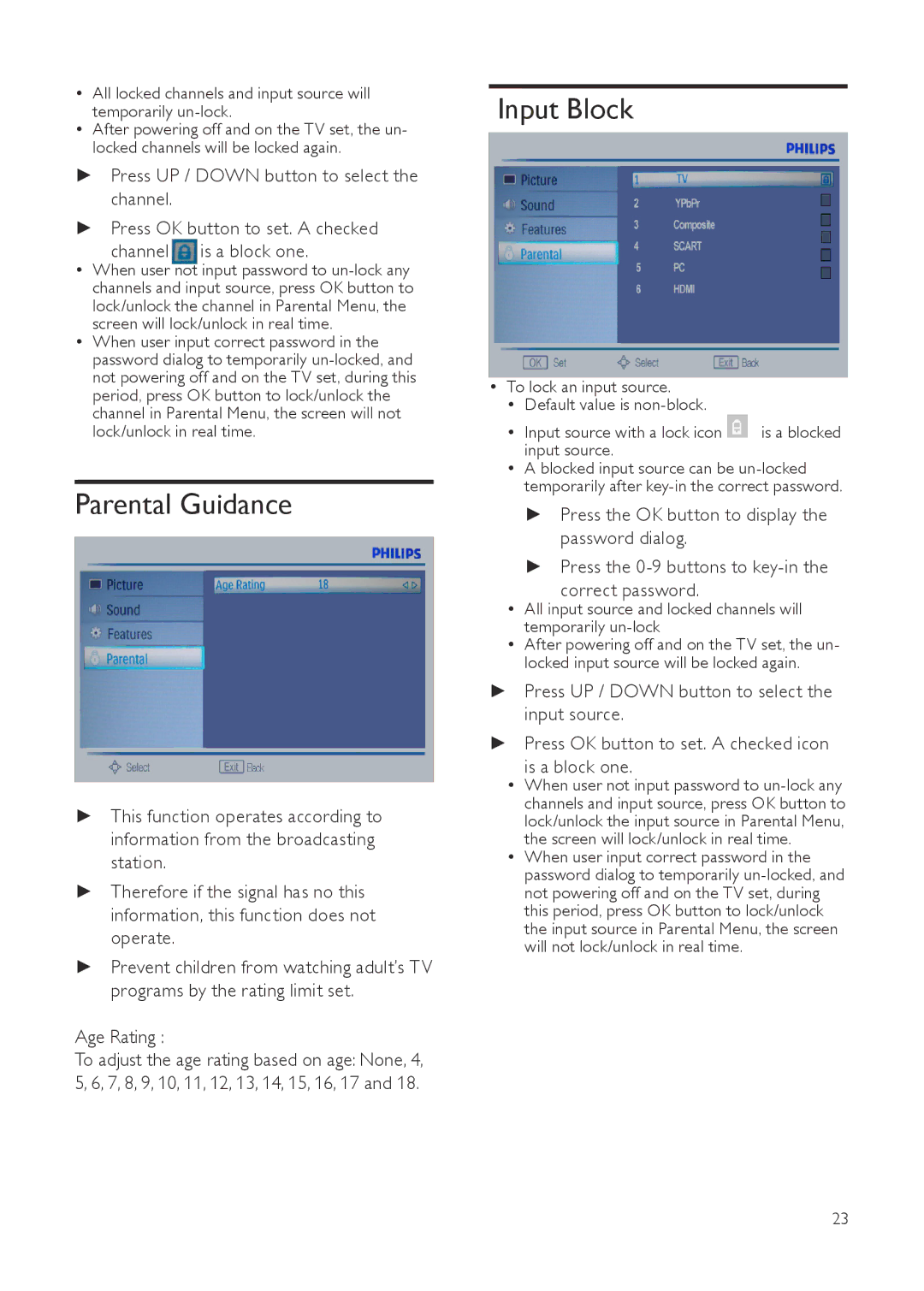 Philips 231T1, 201T1SB/00, 221T1 user manual Parental Guidance, Input Block, Age Rating 