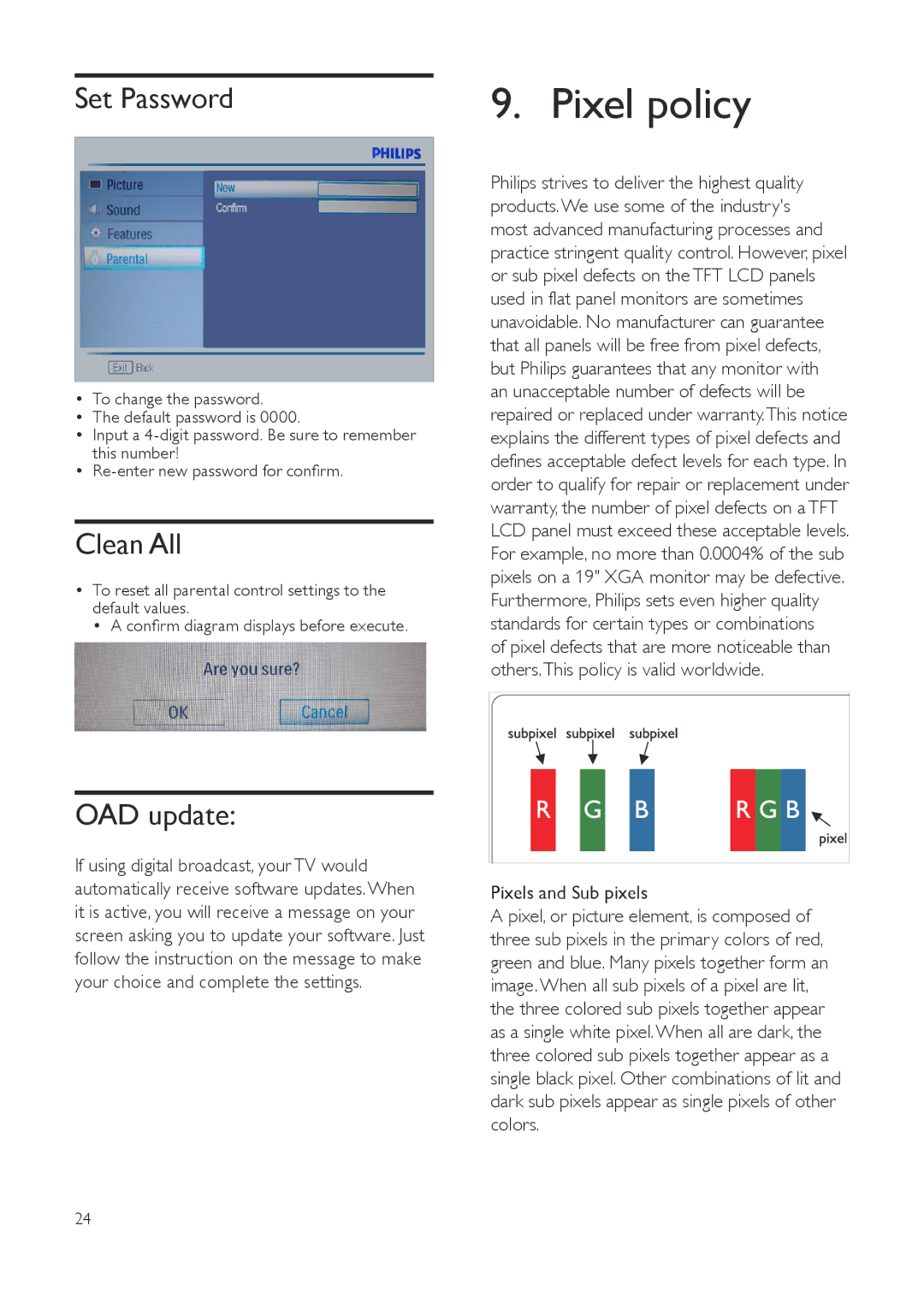 Philips 201T1SB/00, 231T1, 221T1 user manual Pixel policy, Set Password, Clean All, OAD update, Pixels and Sub pixels 